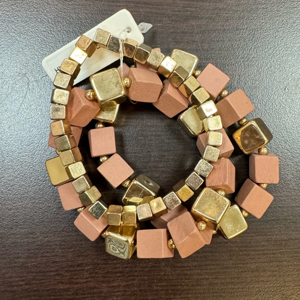 Peach and Gold Wood Bracelet Set
